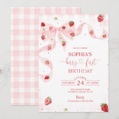 Pink Gingham Berry First Strawberry 1st Birthday Kaart (Voorkant / Achterkant)