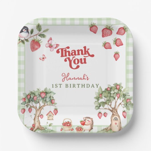 Pink Gingham Berry First Strawberry 1st Birthday Papieren Bordje (Voorkant)