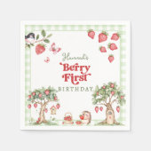 Pink Gingham Berry First Strawberry 1st Birthday Servet (Voorkant)