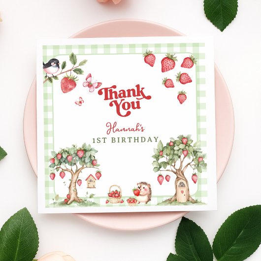 Pink Gingham Berry First Strawberry 1st Birthday Servet