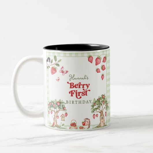 Pink Gingham Berry First Strawberry 1st Birthday Tweekleurige Koffiemok (Links)