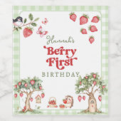 Pink Gingham Berry First Strawberry 1st Birthday Wijn Etiket (Enkel label)