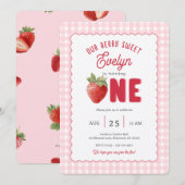 Pink Gingham Berry First Strawberry Themed Kaart (Voorkant / Achterkant)