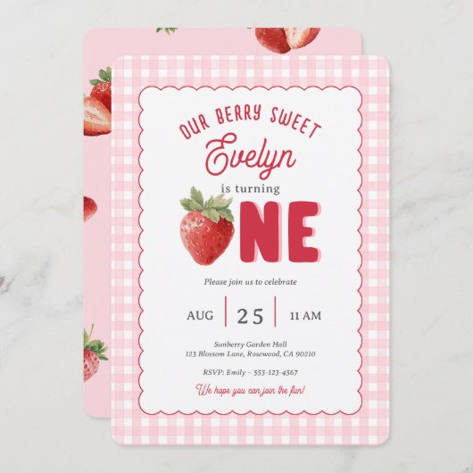 Pink Gingham Berry First Strawberry Themed Kaart (Voorkant / Achterkant)