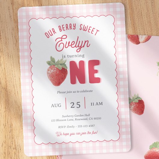 Pink Gingham Berry First Strawberry Themed Kaart