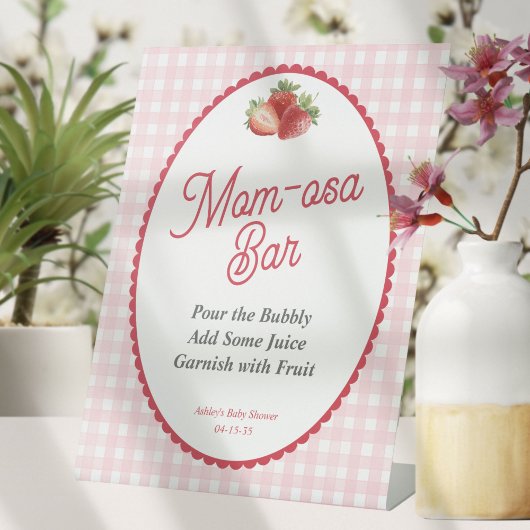 Pink Gingham Berry Sweet, Strawberry Mom-osa Bar Reclamebord Met Voetstuk