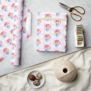 Pink Gingham Blue Floral Chinoisserie Cadeaupapier