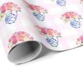 Pink Gingham Blue Floral Chinoisserie Cadeaupapier (Rol Hoek)