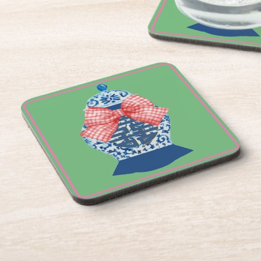 Pink Gingham Blue Ginger Jar Bier Onderzetter (Linkerzijde)