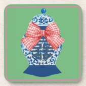 Pink Gingham Blue Ginger Jar Bier Onderzetter (Voorkant)