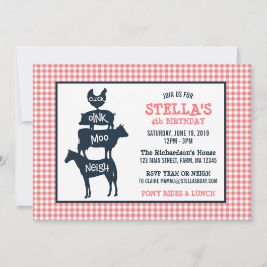 Pink Gingham Boerderij Theme Animal Girl Verjaarda Kaart (Voorkant)