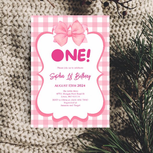 Pink Gingham Bow 1st Birthday Invitation Kaart