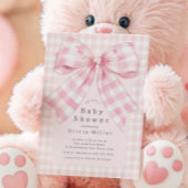 Pink Gingham Bow Baby shower Kaart