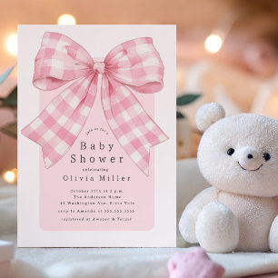 Pink Gingham Bow Baby shower Kaart