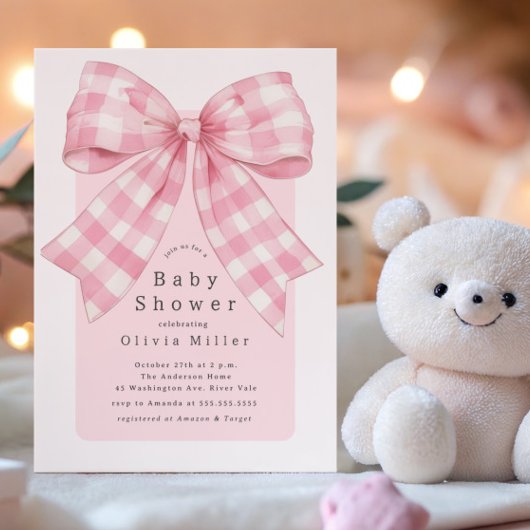 Pink Gingham Bow Baby shower Kaart