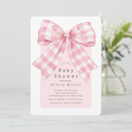 Pink Gingham Bow Baby shower Kaart (Staand voorkant)