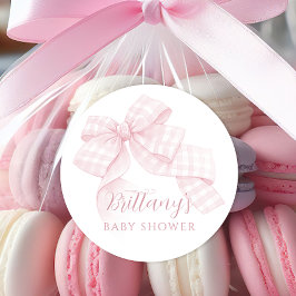 Pink Gingham Bow Baby shower Ronde Sticker