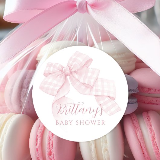 Pink Gingham Bow Baby shower Ronde Sticker