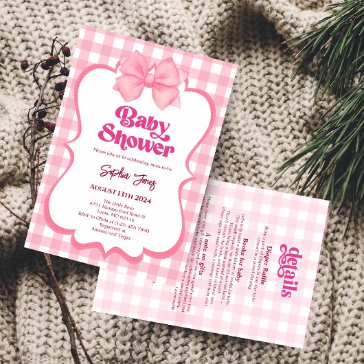 Pink Gingham Bow Baby shower Schattige Meisje Baby Kaart