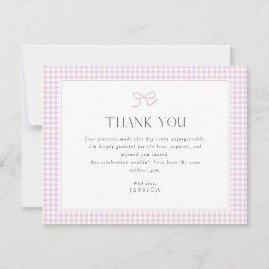 Pink Gingham Bow Baby Shower Thank You Card Kaart (Voorkant)