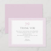 Pink Gingham Bow Baby Shower Thank You Card Kaart (Voorkant / Achterkant)