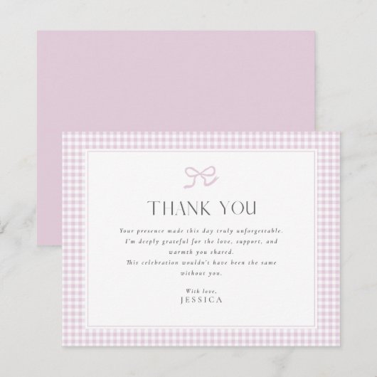 Pink Gingham Bow Baby Shower Thank You Card Kaart (Voorkant / Achterkant)