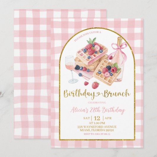 Pink Gingham Bow Coquette Waffle Birthday Brunch Kaart (Voorkant / Achterkant)