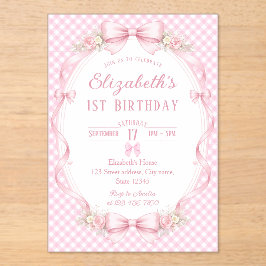 Pink Gingham Bow First Birthday Acryl Uitnodigingen