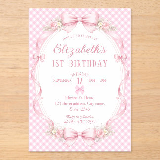 Pink Gingham Bow First Birthday Acryl Uitnodigingen