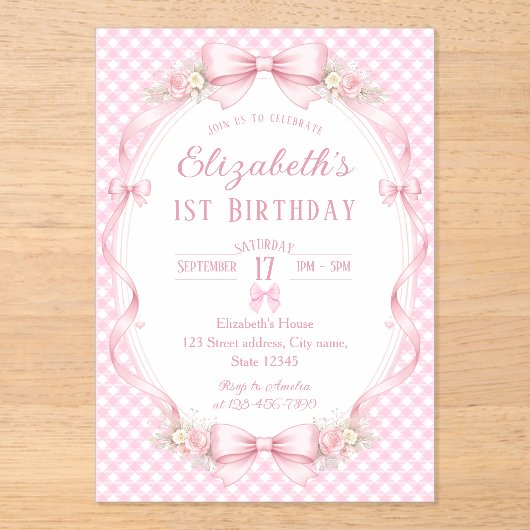Pink Gingham Bow First Birthday Acryl Uitnodigingen (Voorkant)