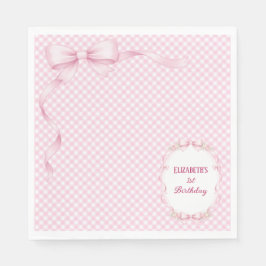 Pink Gingham Bow First Birthday Napkins Servet