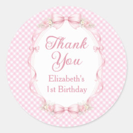 Pink Gingham Bow First Birthday Thank You Sticker