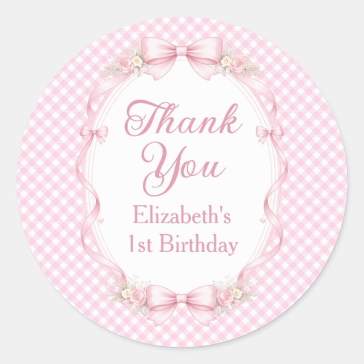 Pink Gingham Bow First Birthday Thank You Sticker (Voorkant)