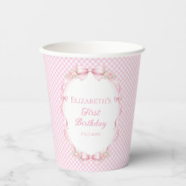 Pink Gingham Bow Girl 1st Birthday Party Paper Cup Papieren Bekers