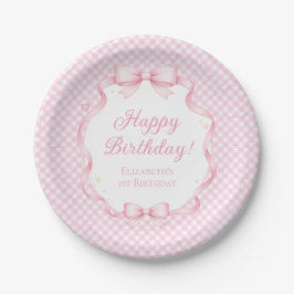 Pink Gingham Bow Girl 1st Birthday Party Paper Papieren Bordje