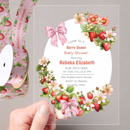 Pink Gingham Bow Strawbery Baby Shower Invitation Acryl Uitnodigingen