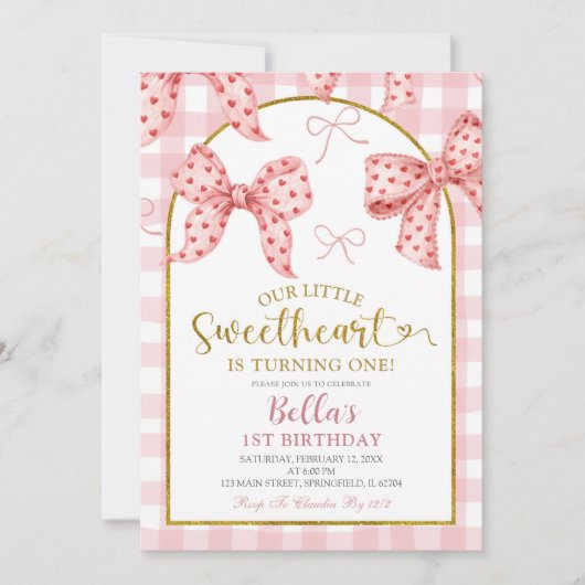 Pink Gingham Bow Sweetheart Birthday  Kaart (Voorkant)