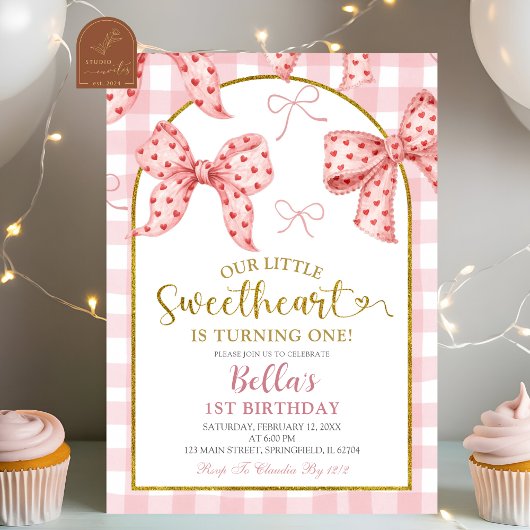 Pink Gingham Bow Sweetheart Birthday Kaart