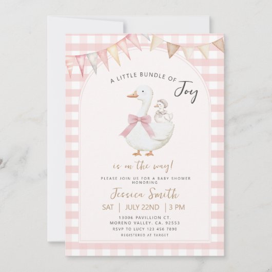 Pink Gingham Bundel van vreugde Goose Baby shower Kaart (Voorkant)
