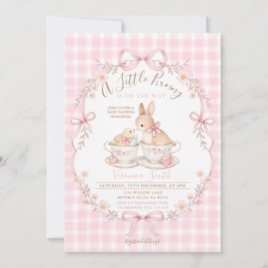 Pink Gingham Bunny Baby Shower Blush Dusty Pink Kaart (Voorkant)