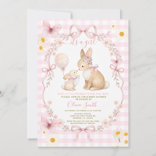 Pink Gingham Bunny Baby Shower Butterfly Daisy Kaart (Voorkant)