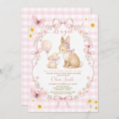 Pink Gingham Bunny Baby Shower Butterfly Daisy Kaart (Voorkant / Achterkant)