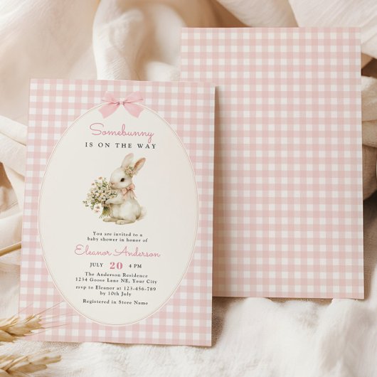 Pink Gingham Bunny Baby Shower Kaart