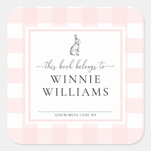 Pink Gingham Bunny Bookplate Sticker (Voorkant)