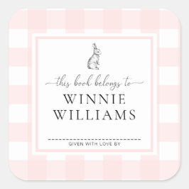Pink Gingham Bunny Bookplate Sticker