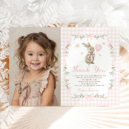 Pink Gingham Bunny Bow Girl Birthday Photo Bedankkaart