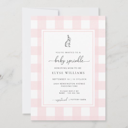 Pink Gingham Bunny Rabbit Baby Sprinkle Kaart (Voorkant)