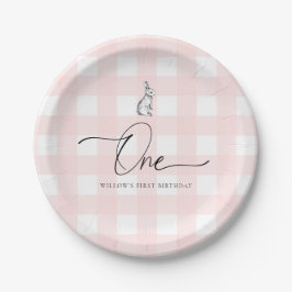 Pink Gingham Bunny Rabbit First Birthday Papieren Bordje