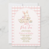 Pink Gingham Bunny Tea Party Birthday Invitation Kaart (Voorkant)