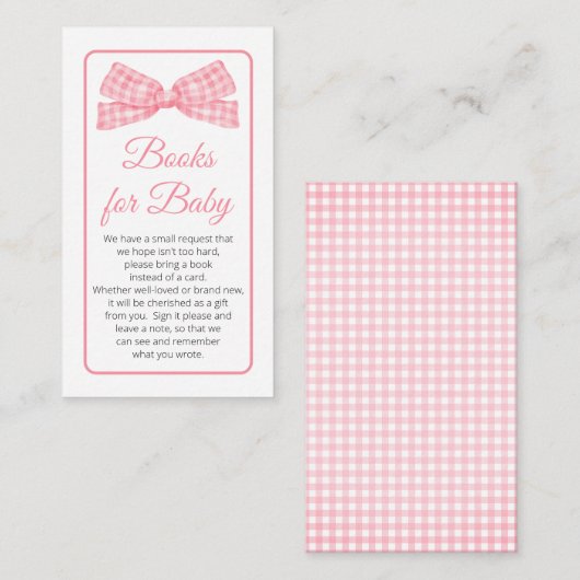 Pink Gingham Check Bow Baby shower Boeken voor Bab Informatiekaartje (Voorkant / Achterkant)